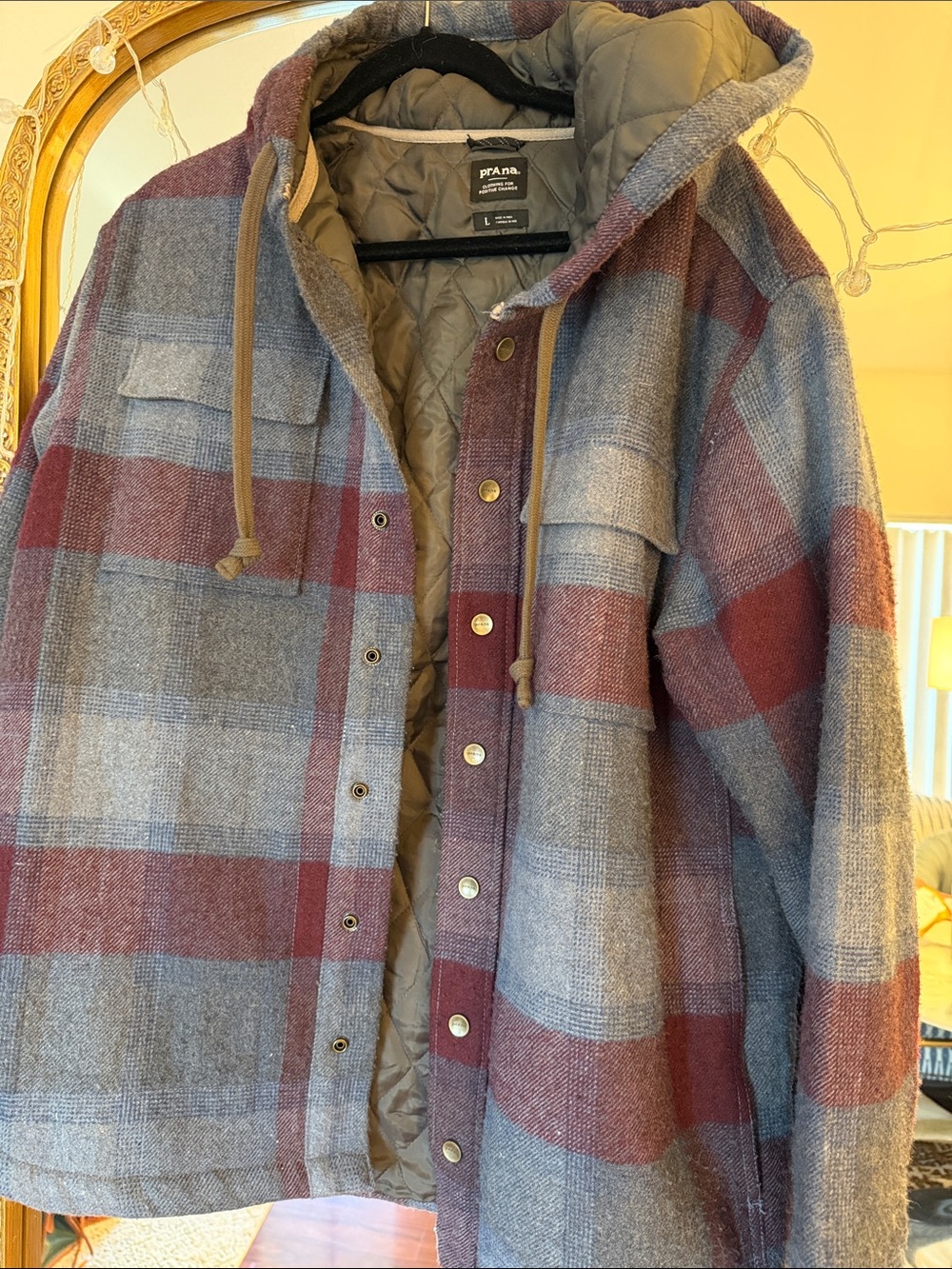 Prana Men's Quilted Hooded Plaid Shirt Jacket in Gray and Burgundy